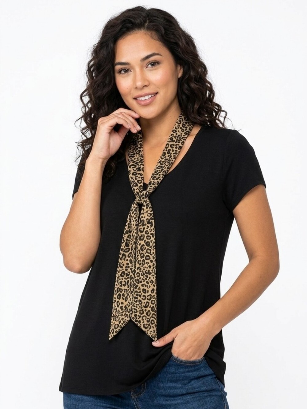 Susan Lawrence Black Top with Leopard Print Scarf